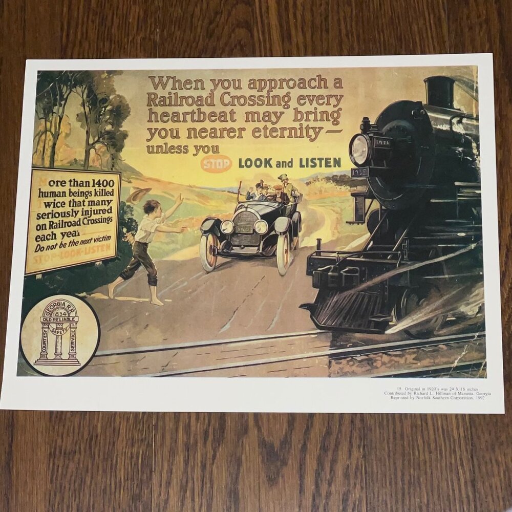 Vintage Railroad Safety Poster Print “Stop Look Listen” Norfolk Southern 1992